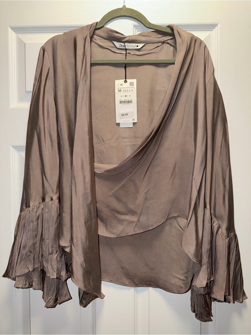 Zara Taupe Draped Satin Open-Front Blouse with Pleated Bell Sleeves
